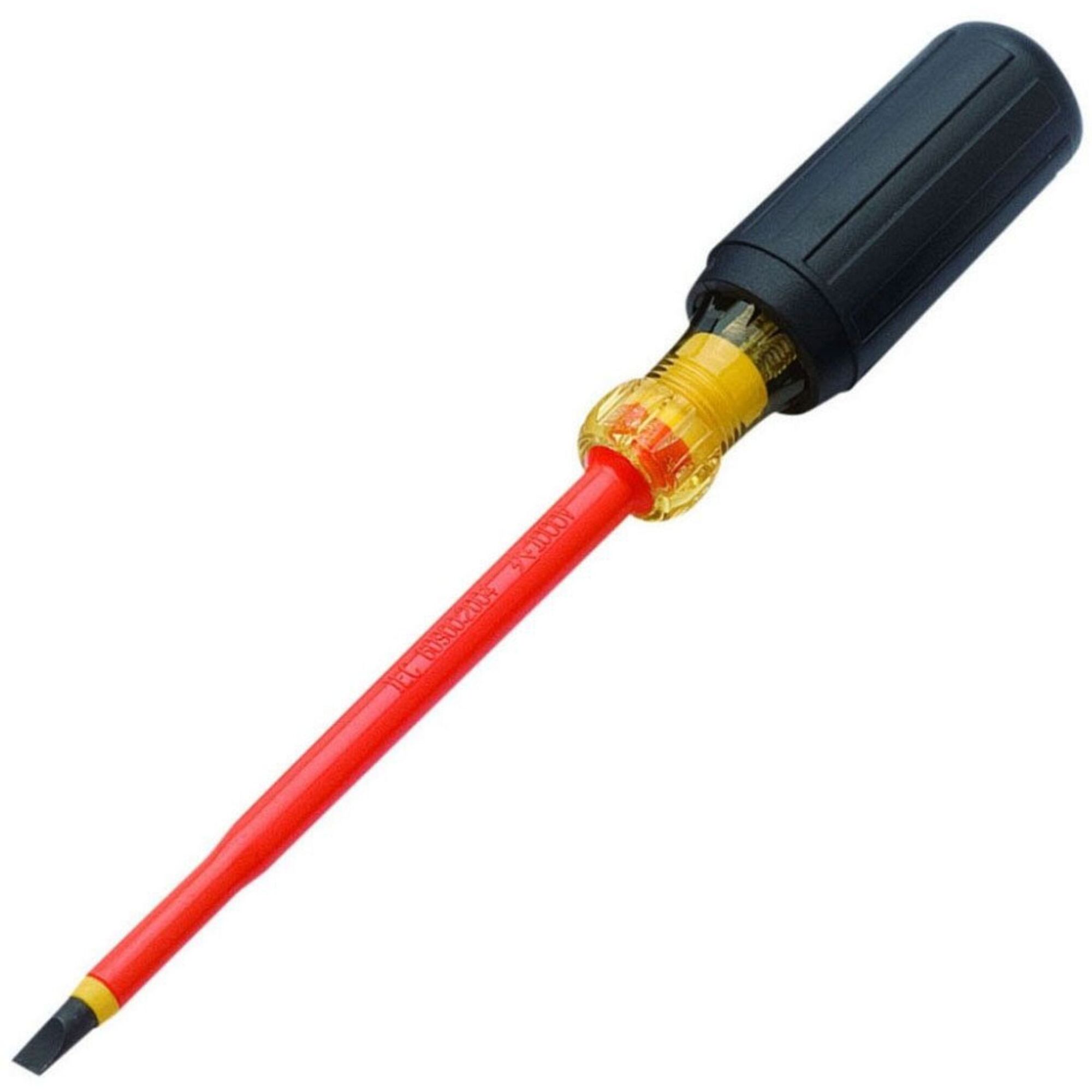 IDEAL, Insulated Slotted Screwdriver 1/4? x 6?, 1/4? slotted tip with 6? shank, VDE certified to 1000V AC for safety and performance, Dual layer design for quick safety checks, Tempered chrome vanadium steel blades, 35-9151